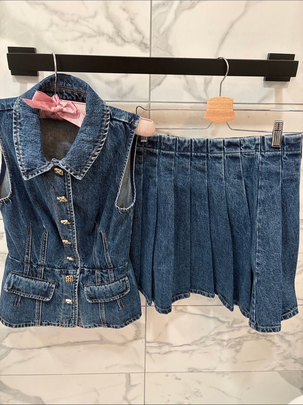 Self-Portrait Blue Denim Sleeveless Vest and Pleated Skirt Set Size 4
